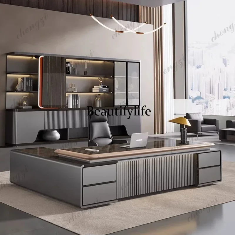 07 luxury Computer Office Desk Standing L Shaped Writing Boss Table Lift Up Table Gaming Sedentary Filing Cabinet Boss Furniture