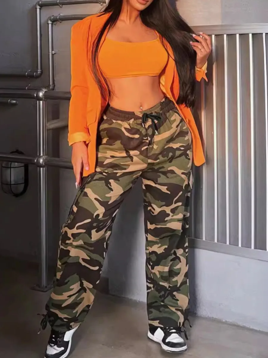 LW Camo Print Drawstring Cargo Pants Retro High Street Casual Overalls Camouflage Loose Wide Leg Pants For Women Trousers