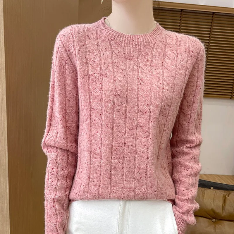 

Autumn and Winter New 100% Pure Cashmere Sweater Women's Round Neck Twist Long-sleeved Sweater Loose Wool Bottom Sweater Short K