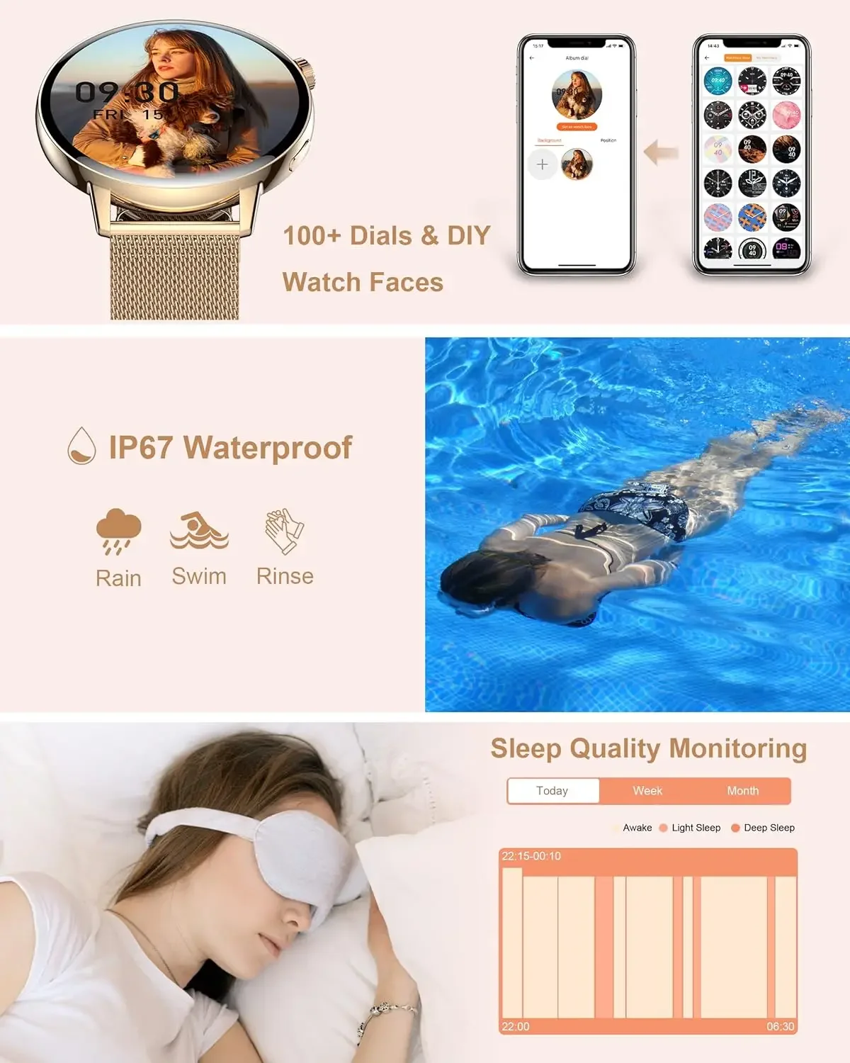 โทรศัพท์บลูทูธ1.32นิ้วสำหรับผู้หญิงสมาร์ทวอท์ชอัตราการเต้นของหัวใจและความดันโลหิตตรวจจับการออกกำลังกายเหมาะสำหรับ Apple แอนดรอยด์