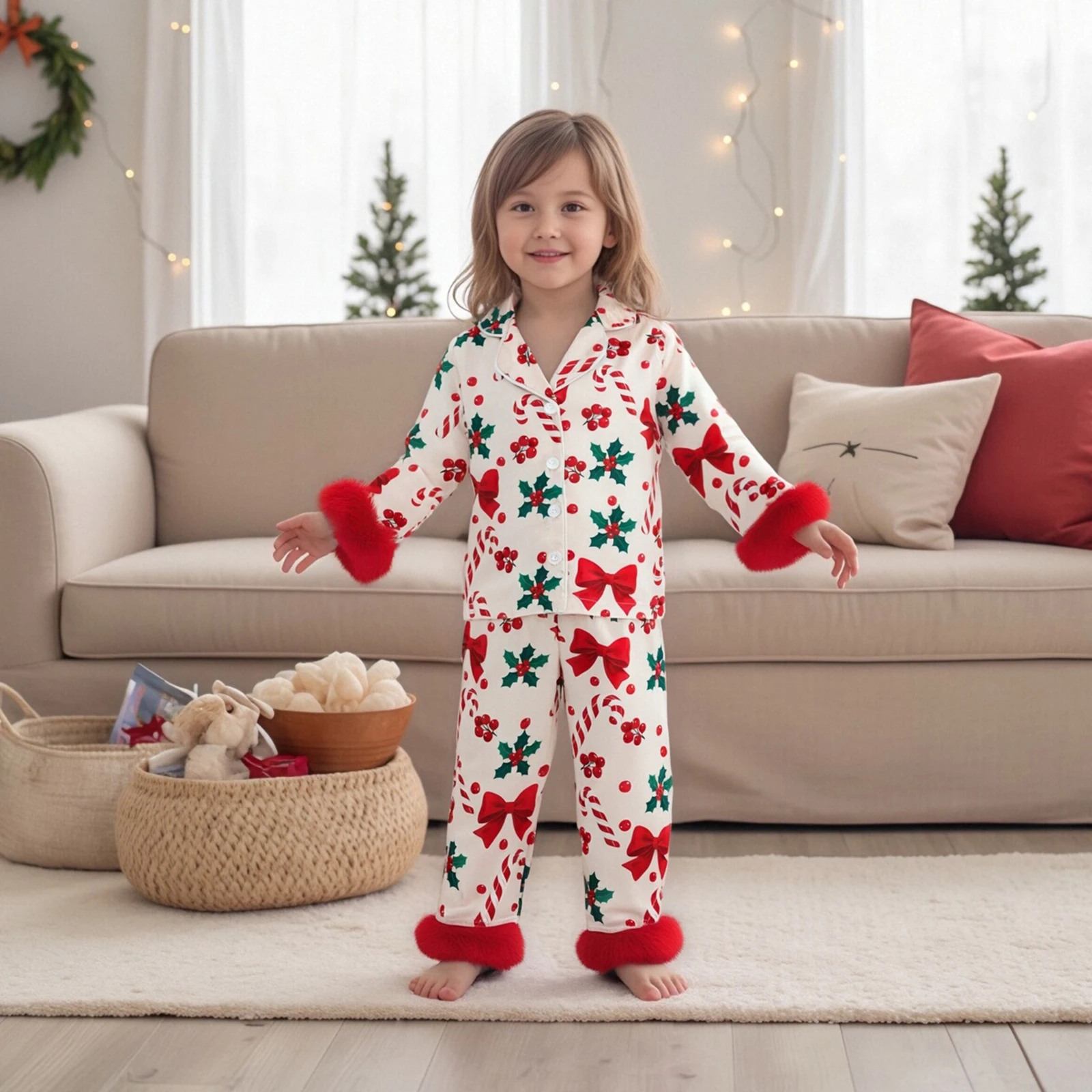 FOCUSNORM 0-7Y طفل أطفال فتاة عيد الميلاد بيجامة من الساتان الملابس مجموعة قصب الحلوى القوس طباعة التلبيب كم طويل زر أسفل بانت #2