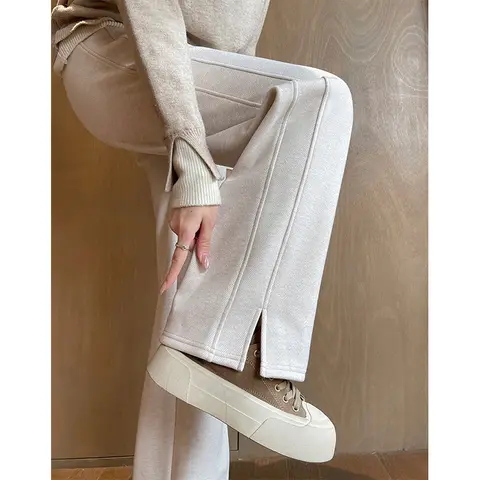 Faux Woolen Wide Leg Pants Women Fashion Elegant Baggy Pants Autumn Winter Office Ladies Korean High Waist Straight Trousers New