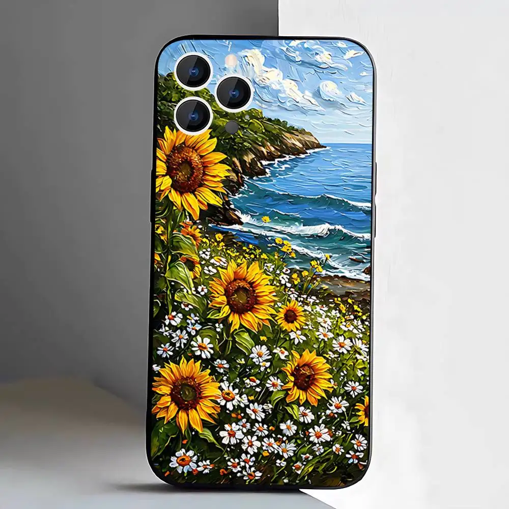 Sunflowers Printed Matte Phone Case For iPhone 17,16,15,14,13,12,11,Pro,XS,Max,XR,Plus,E,SE4,Mini Black Soft Cover