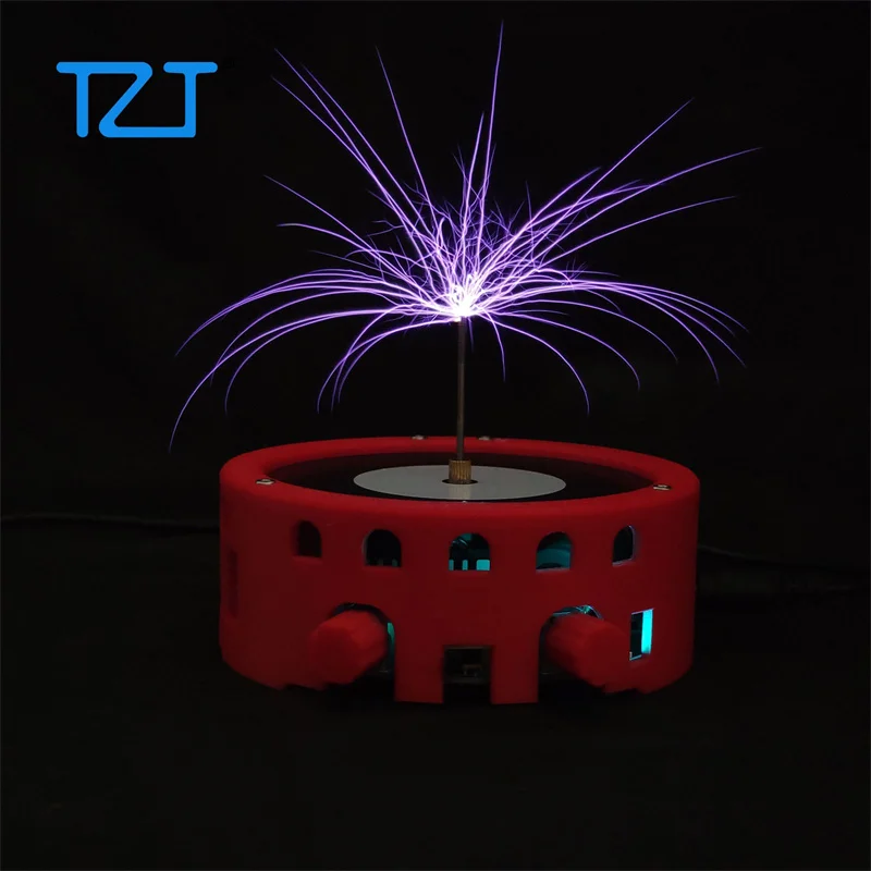 TZT Circular Flat Tesla Coil Bluetooth Musical Tesla Coil Red Shell with Two Class E Amplifier Circuits Without/With Power Adapt