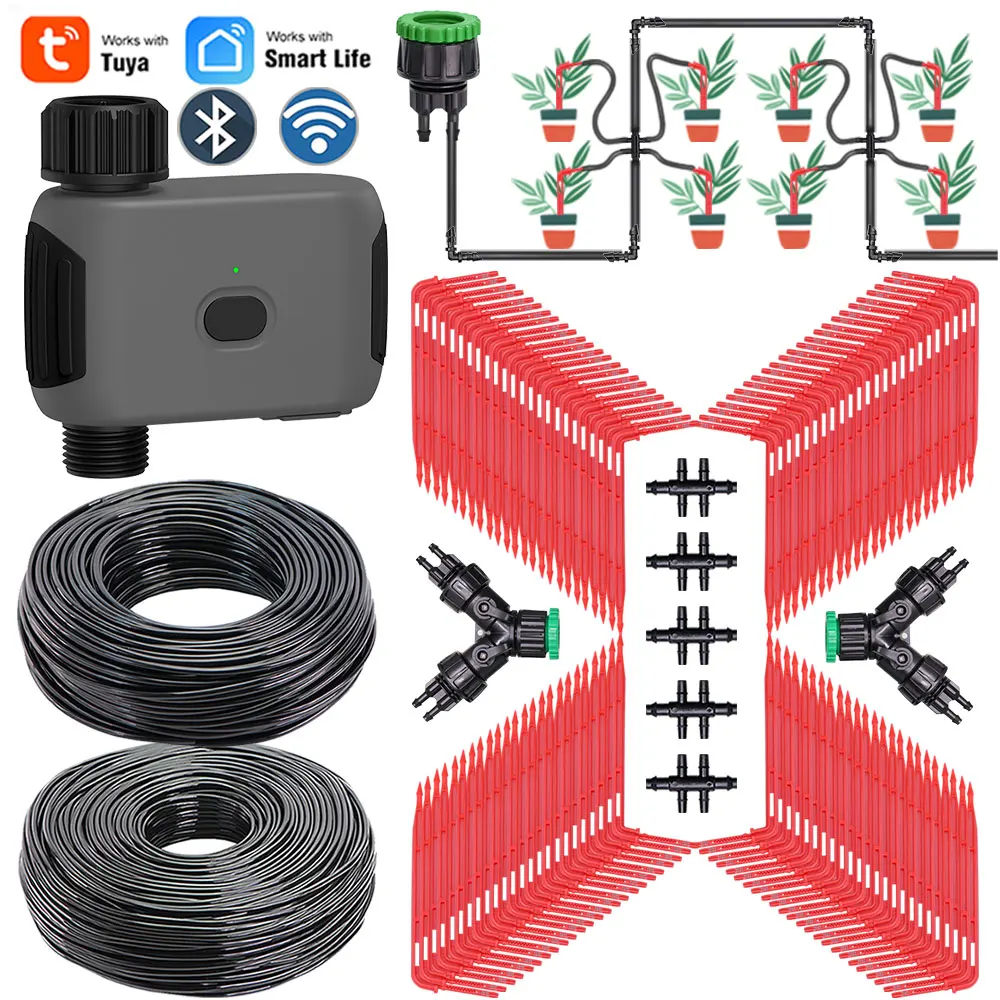 Smart Bluetooth&Wifi-compatible Timer Controller 4/7mm to 3/5mm Hose Emitter Kit Automatic Watering Drip Irrigation System