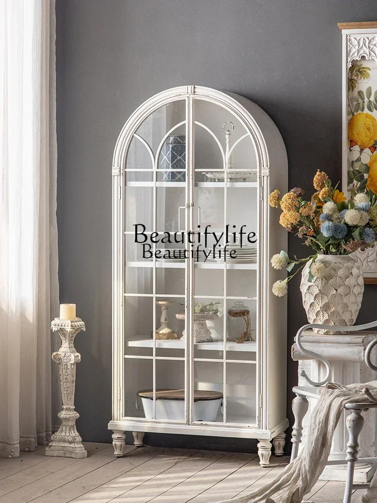 

S French Retro Solid Wood Wall Display Cabinet Dining Room Locker Multi-Layer White Arched Bookcase