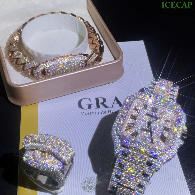 Icecap الأزياء والمجوهرات 40mm الماس تمرير الجليد خارج الكلاسيكية الهيب هوب مخصص ووتش الميكانيكية الفاخرة مويسانيتي ووتش