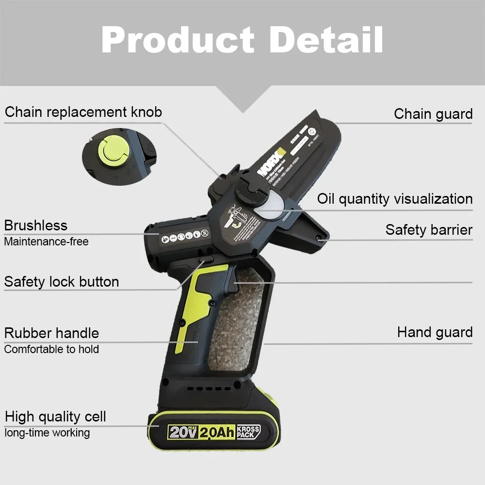 Worx WD331 Wireless Chain Saw Rechargeable Brushless 5 Inch 5650rpm 10m/s Auto Oil Pump for Wood Cut Universal 20v Green Battery