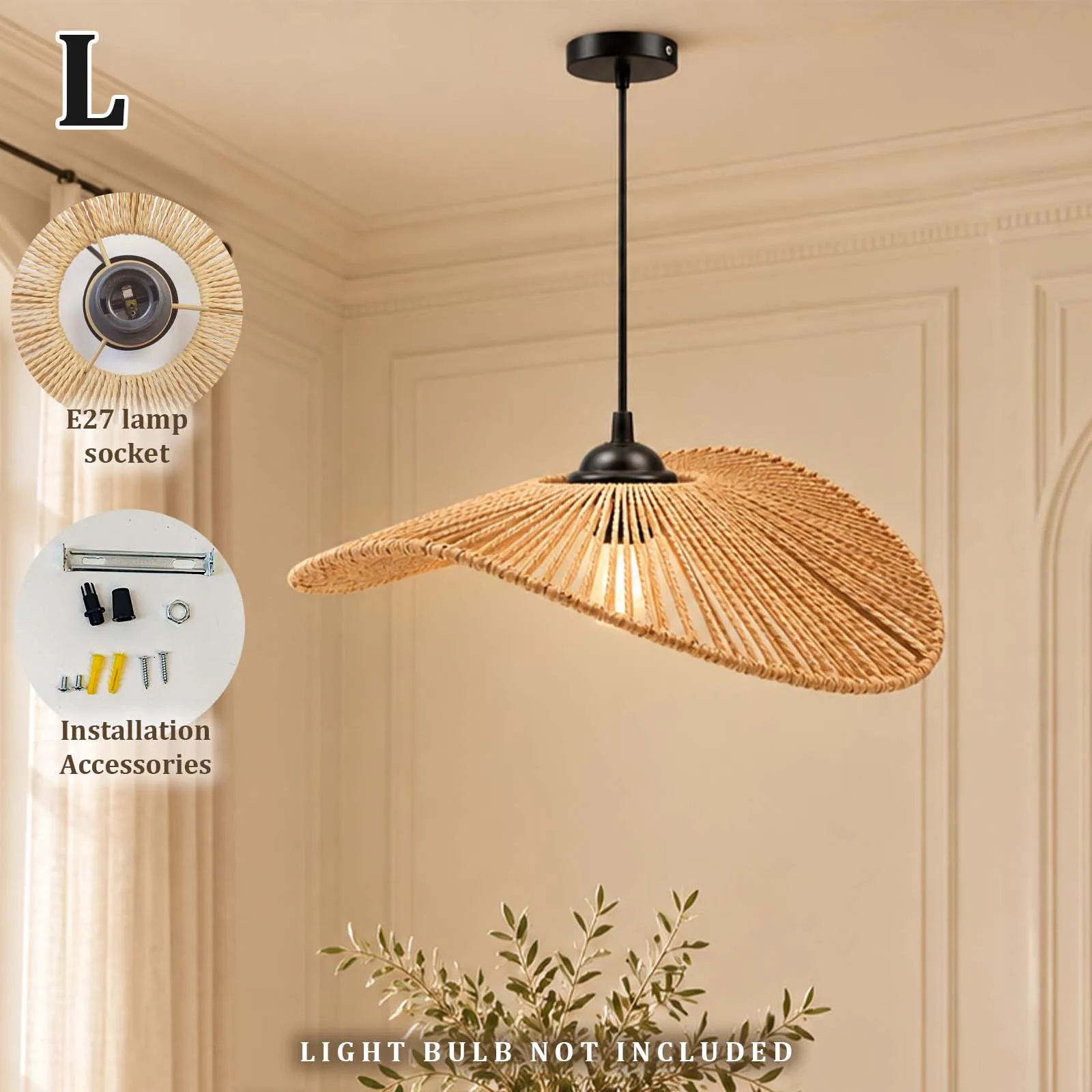 Natural Rattan Hand-Woven Pendant, Flat Wavy Disc UFO Shade, French Cream Boho Dining Room Bedroom