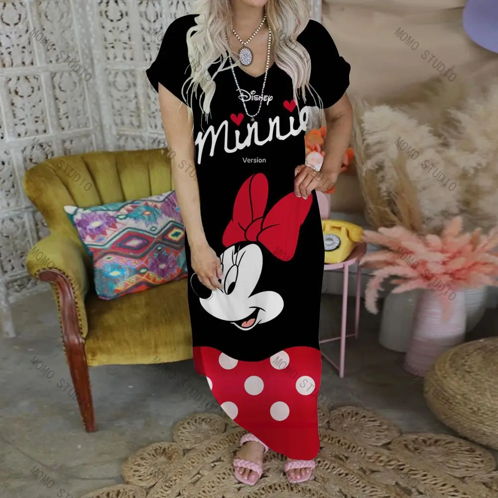 Women\'s Long Dress V-Neck Y2k Clothes Disney Casual Dresses Mickey Sexy Minnie Mouse Summer 2022 Cartoon Leisure Beach Maxi Robe