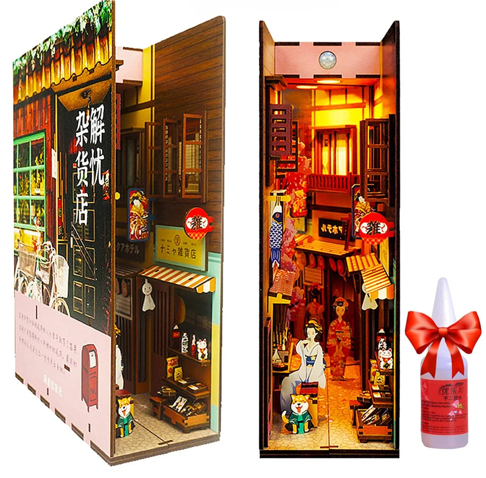 

DIY 3D Bookend Wooden Book Nook Miniature Puzzles Dollhouse Bookshelf Insert Diorama Japanese Doll Houses Booknook Kits With LED