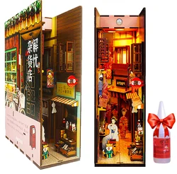 DIY 3D Bookend Wooden Book Nook Miniature Puzzles Dollhouse Bookshelf Insert Diorama Japanese Doll Houses Booknook Kits With LED