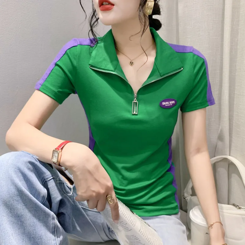 #5543 Black Green Spliced Color Short Sleeve T-shirt Women Turn-down Collar Zipper Sexy Short T Shirt Femme Cotton Skinny Summer