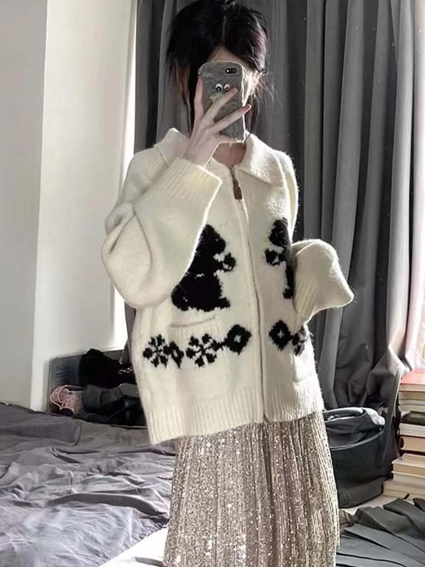 

Korean Sle Lazy Chic Zipper Knit Sweater Jaet Women's Thiened Loose Long Sve Open Cardigan Trendy Top Warmth