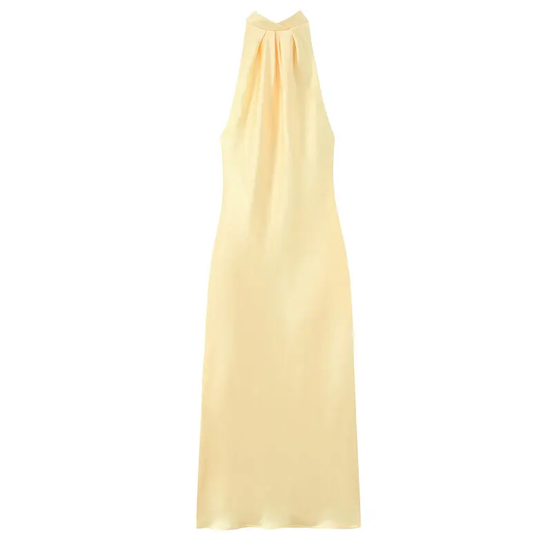 Summer 2025 New Women's Satin Long Midi Dr Hanging Ne Collar Gown Ele Sle No Sve Premium Quali Faionable Dr