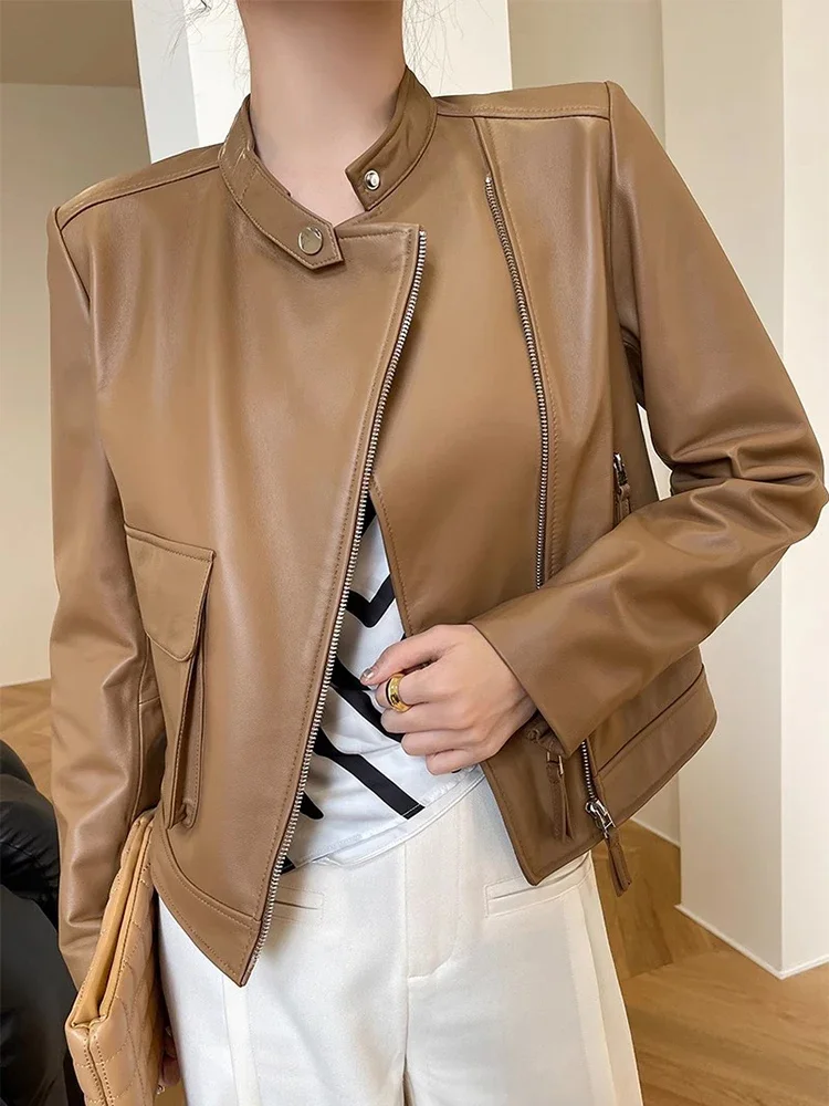 

Casual Short Genuine Leather Motorcycle Jacket for Women Spring Autumn 2026 New High-end Simple Stand Collar Real Sheepskin Coat