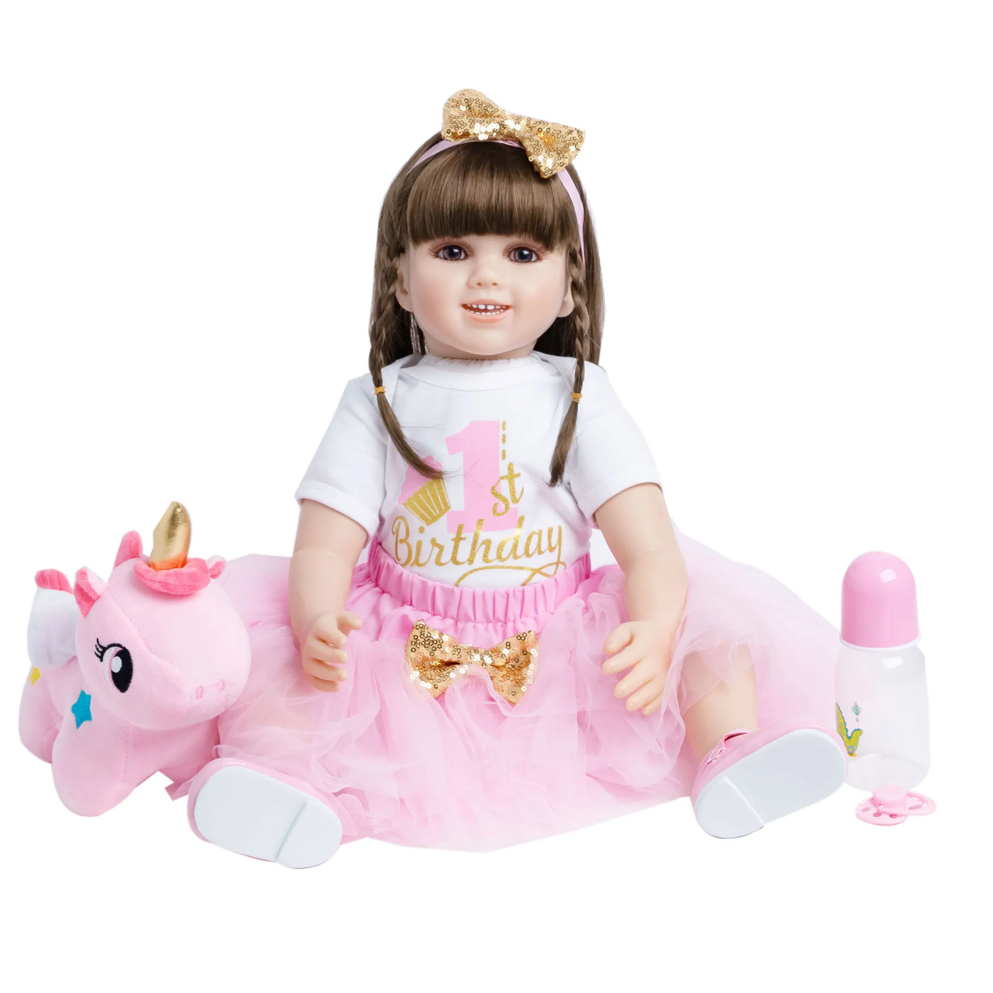 60 CM Soft Silicone Reborn Toddler Smile Doll Cloth Body Pink Dress Princess Baby Lovely Kid Birthday Gift Play House Toy