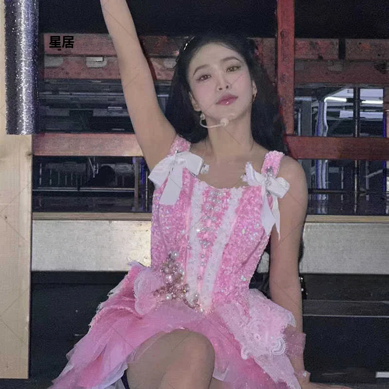 Neue Jazz Dance Kleidung Kpop Rosa Neckholder Kleid Nachtclub Sängerin Bühne Kostüme Koreanische Frauen Gruppe Festival Rave Outfits