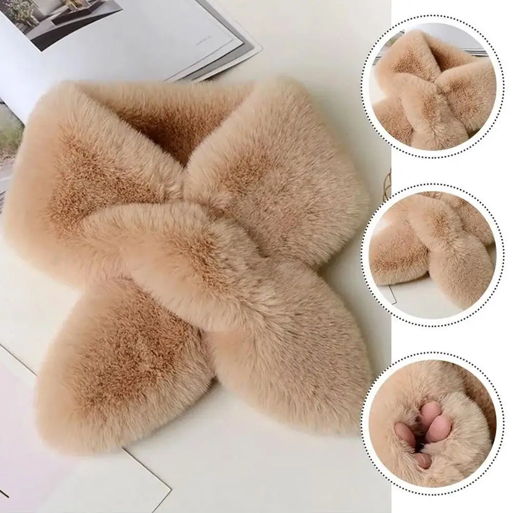 Bonito falso pele de coelho cruz cachecol pescoço mais quente feminino cor sólida pelúcia engrossado inverno gola de pele acessórios versáteis