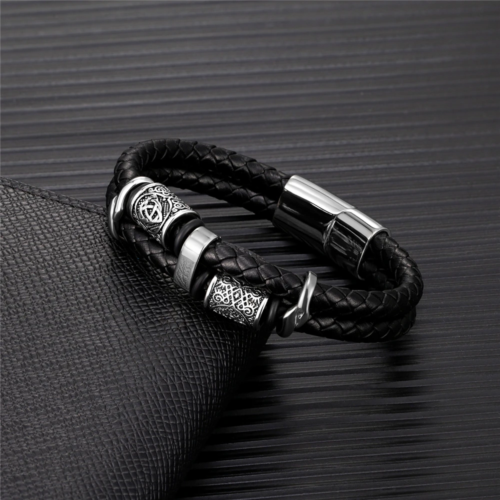 Punk masculino vikings estilo pulseira de couro genuíno trançado multicamadas aço inoxidável runas nórdicas grânulo pulseiras casal jóias presente