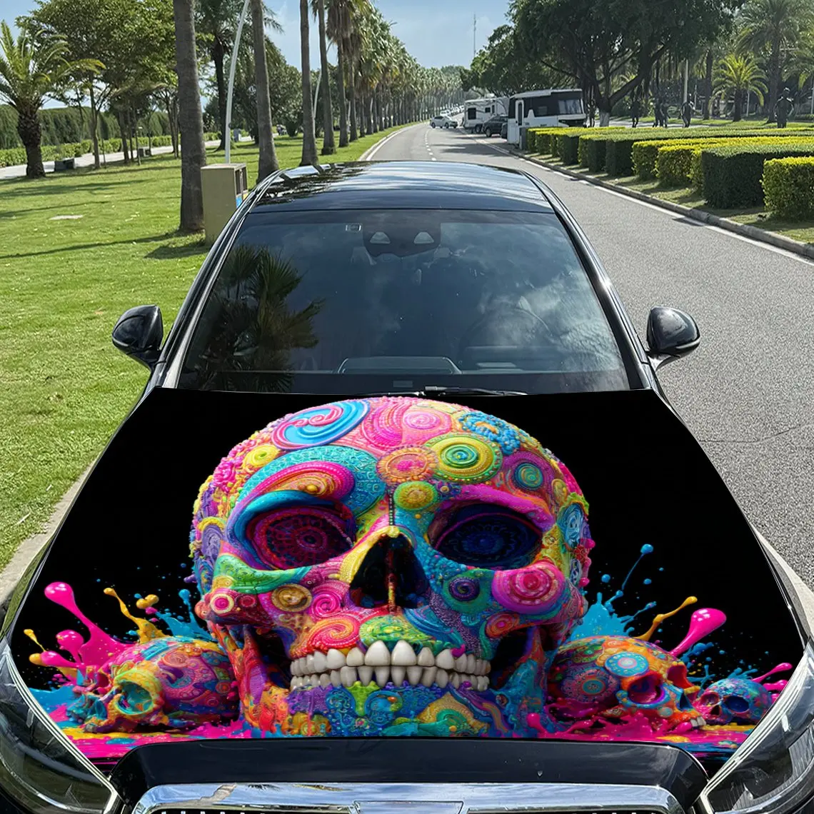 

Gorgeous Ink - Splashing Style Colorful Skull Pattern car hood stickers, waterproof self-adhesive, scratch resistant, easy to st