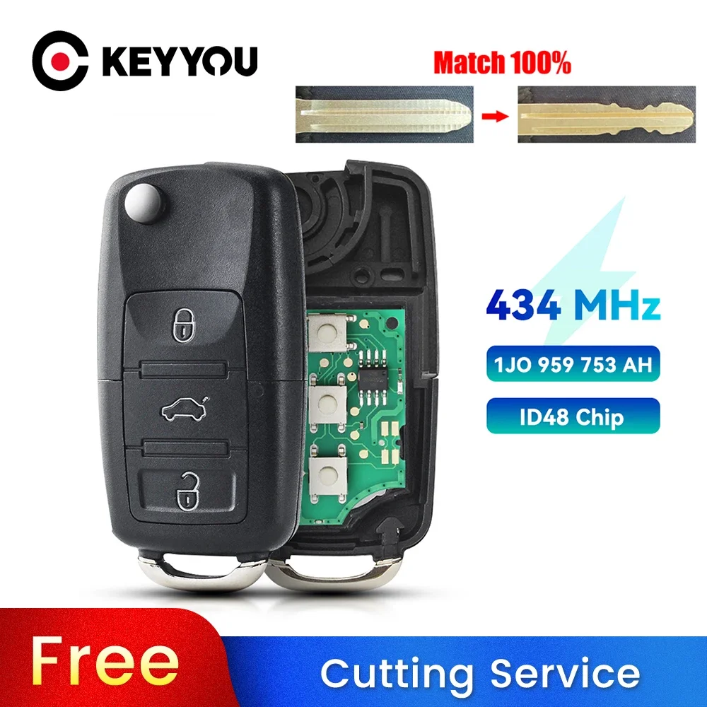 KEYYOU With Cutting Service 1J0959753AH For VW VOLKSWAGEN Passat Skoda Bora Polo Golf Beetle 433MHz Car Remote Key ID48 Chip