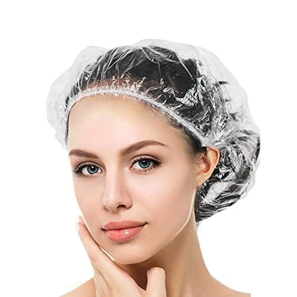 100PCS Disposable Shower Caps, Plastic Clear Hair Cap Large Thick Waterproof Bath Caps for Women, Hotel Travel Essentials Access