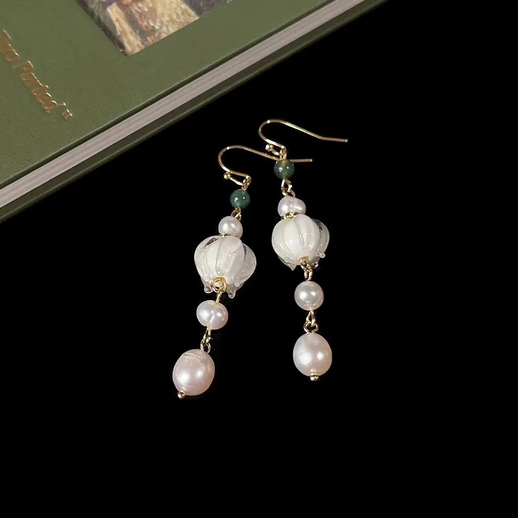 New Arrival Sweet Glass Flower 14K Gold Filled Natural Freshwater Pearl Ladies Tassels Drop Earrings Jewelry For Women Gifts