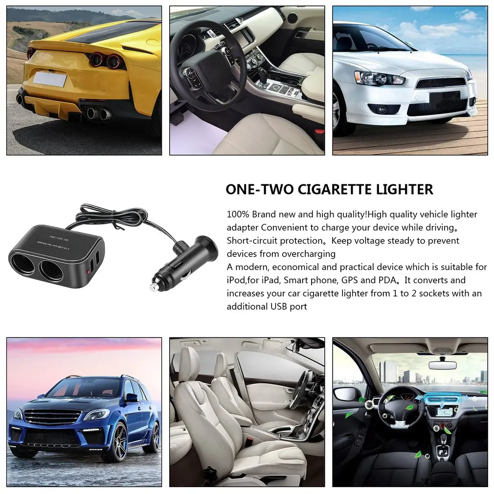 Universal USB 12V/24V 2 Way Car Cigarette Lighter +LED Light Switch Auto Socket Splitter Charger Vehicle Lighter Adapter