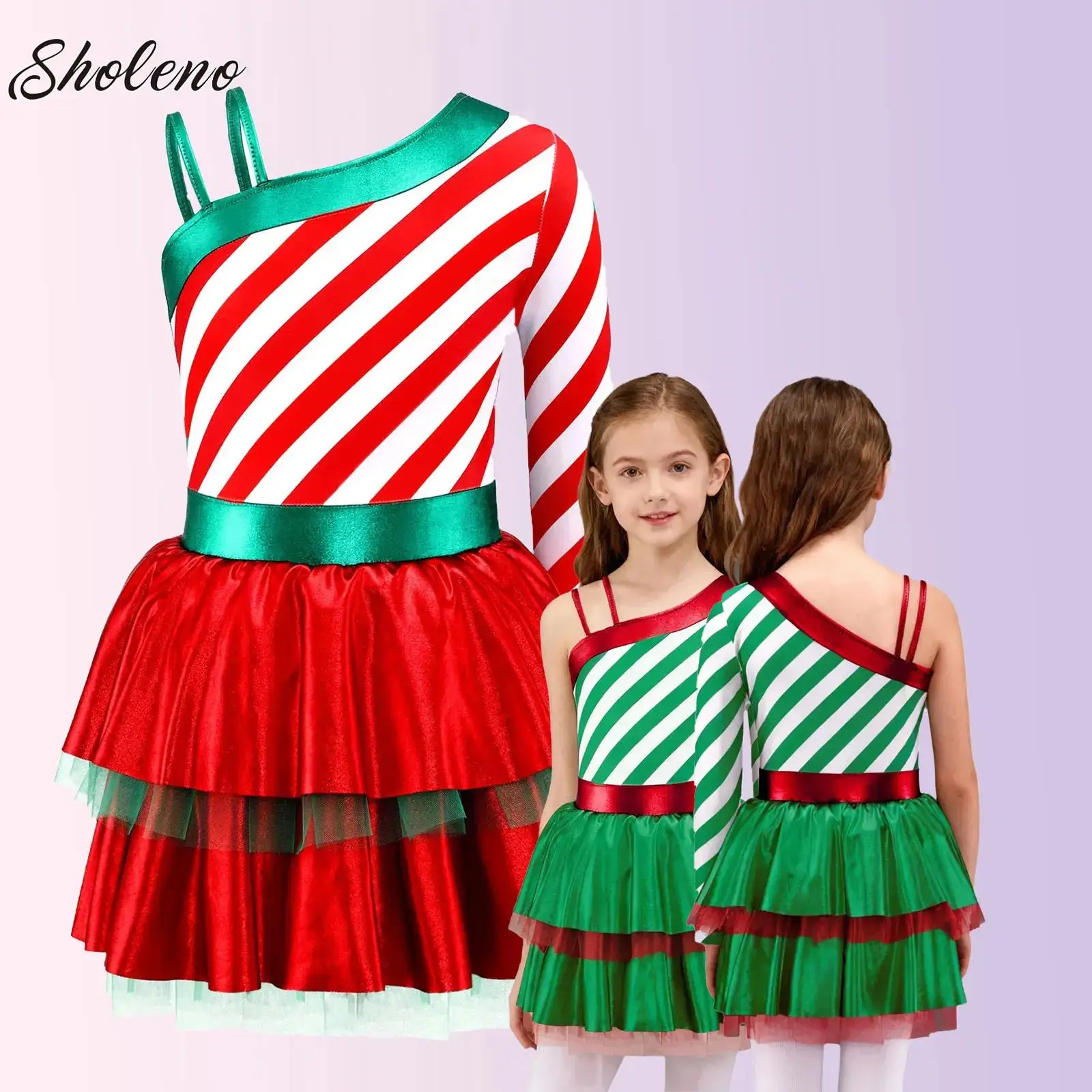 

Girls Christmas Ballet Dance Figure Skating Tutu Dress Candy Cane Miss Santa Cosplay Costume Sequins Striped Skirted Leotard
