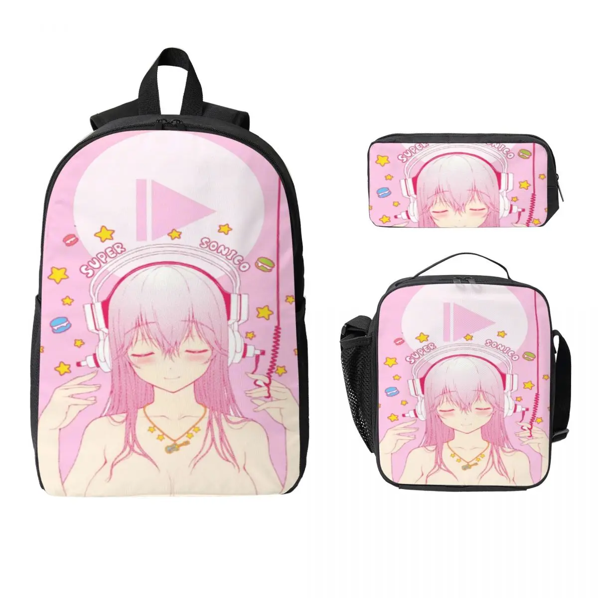 3Pcs Super Sonicos Prints School bags Set for Kids Pencil Boxes Backpack Sets with Lunch Box For School Students Knapsack