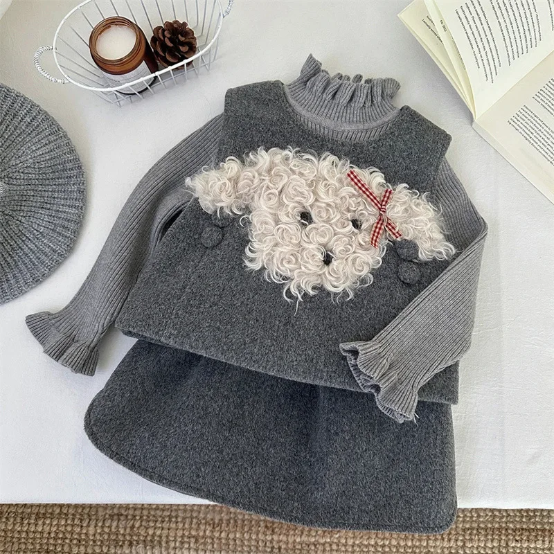 Autumn Winter 2024 Kid Girls 3PCS Clothes Set Cotton Knitted Bottom Shirt Cartoon Dog Vest Solid Skirts Suit Toddler Girl Outfit