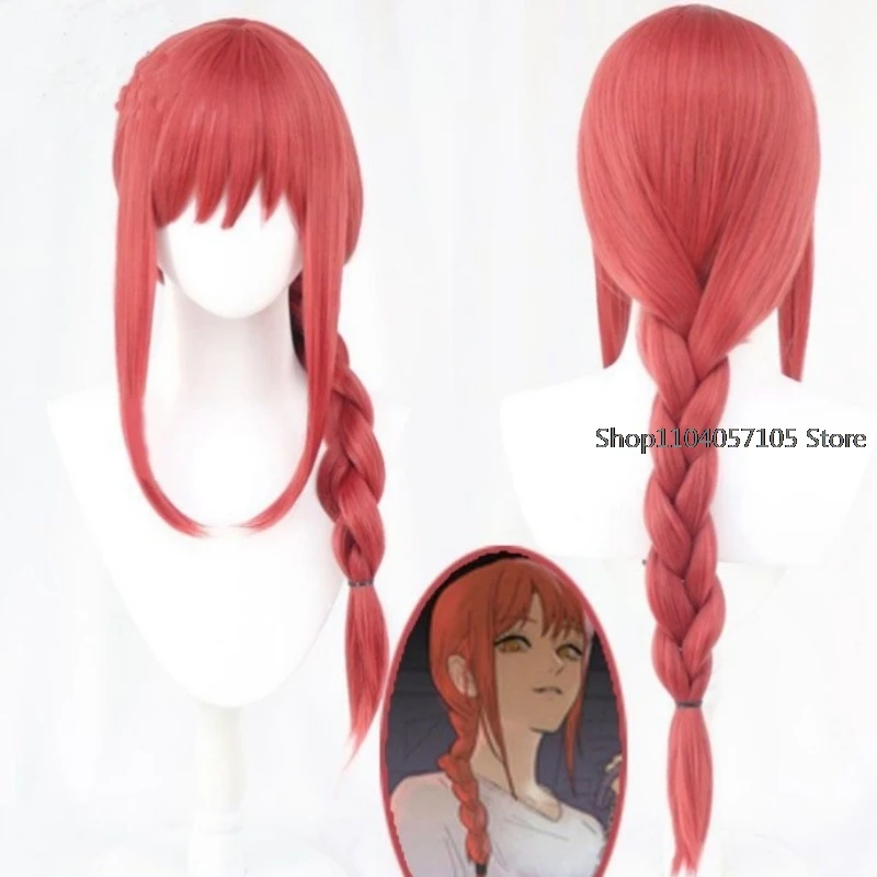 Anime Makima Cosplay Pruik Kettingzaag Man Lange Rose Rood Gevlochten Pruiken Hittebestendige Synthetisch Haar Halloween Party Hoofdhuid Pruiken