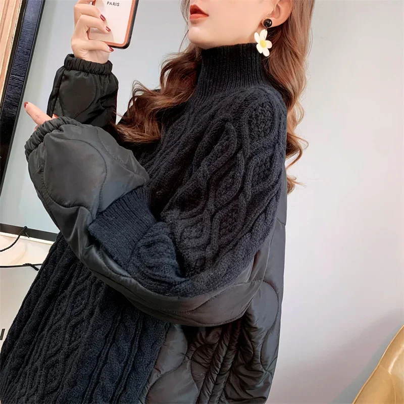 QNPQYX New Spliced Winter Pullovers Super Warm High-neck Mid-length Women's Sweater  New Loose Lazy Style Thick Top Coat