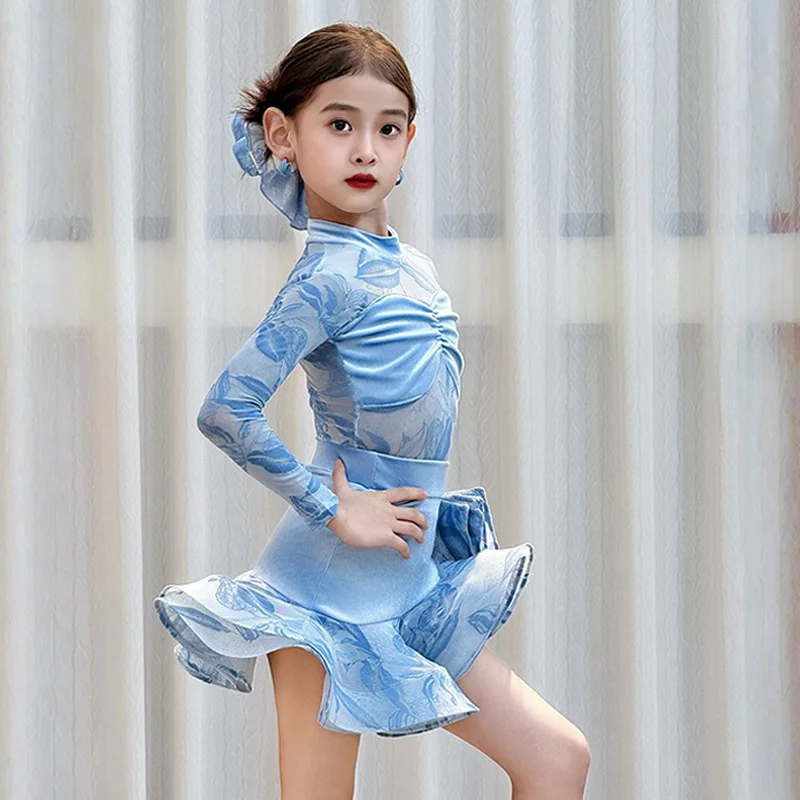 Nuovo vestito da ballo latino vestito da prestazione per ragazze Cha Cha Rumba abbigliamento manica lunga vestito da ballo blu tuta per bambini gonna set VDL4331