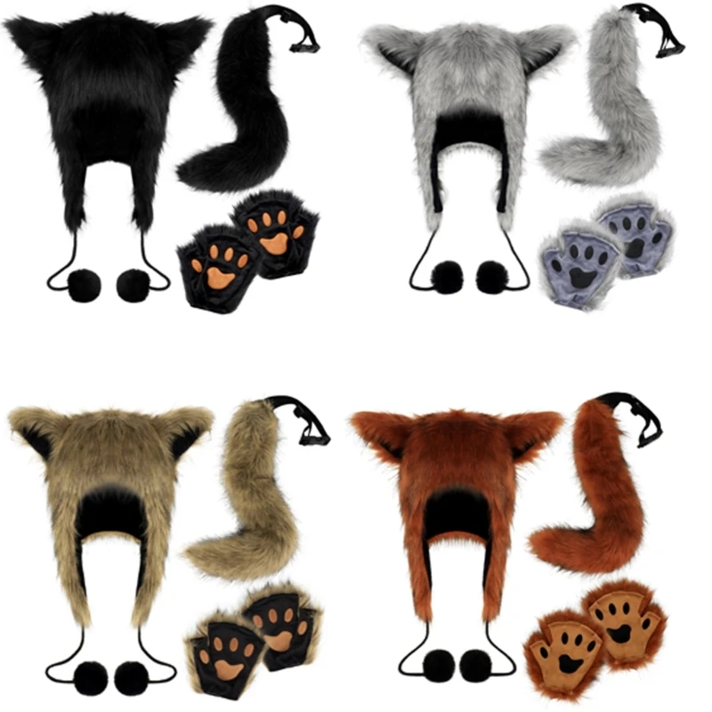 Plush Foxes Hat Foxes Tail Gloves Animal Hat Halloween Costume Set Animal Tail