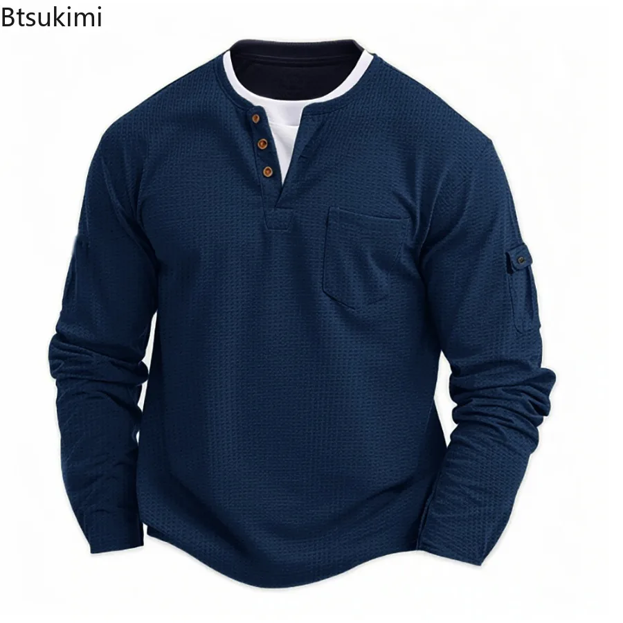 

New Spring Autumn Men's Fake Two-piece Long Sleeve T-shirts Henley Neck Button Casual Waffle Tops Fashion Splice Men Sweatshirts