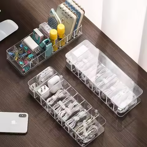 The transparent plastic Data Cable Storage Box household cable MobilePhone Charger Charging Cable Finishing Box Divided Grid Box
