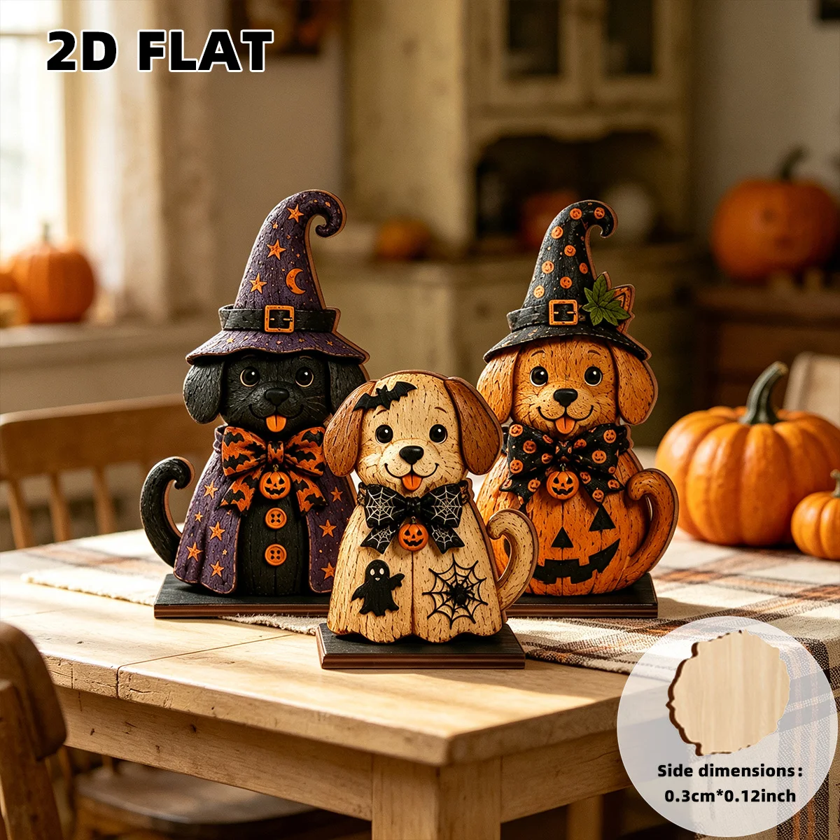 3PCS 2D Flat Wooden Halloween Sign, Puppy Witch Hat Pumpkin Party Decor, Christmas Mid-Autumn Holiday Gift, Home Office Tabletop