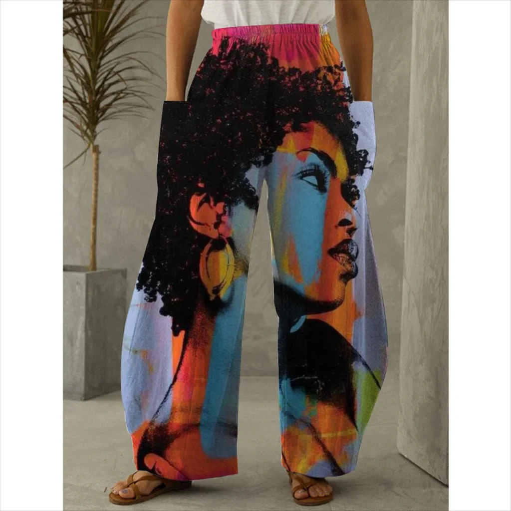 

New 3D printed women's artistic facial pants, vintage Bohemian casual pants, beach wear, wide leg pants, spring and summer