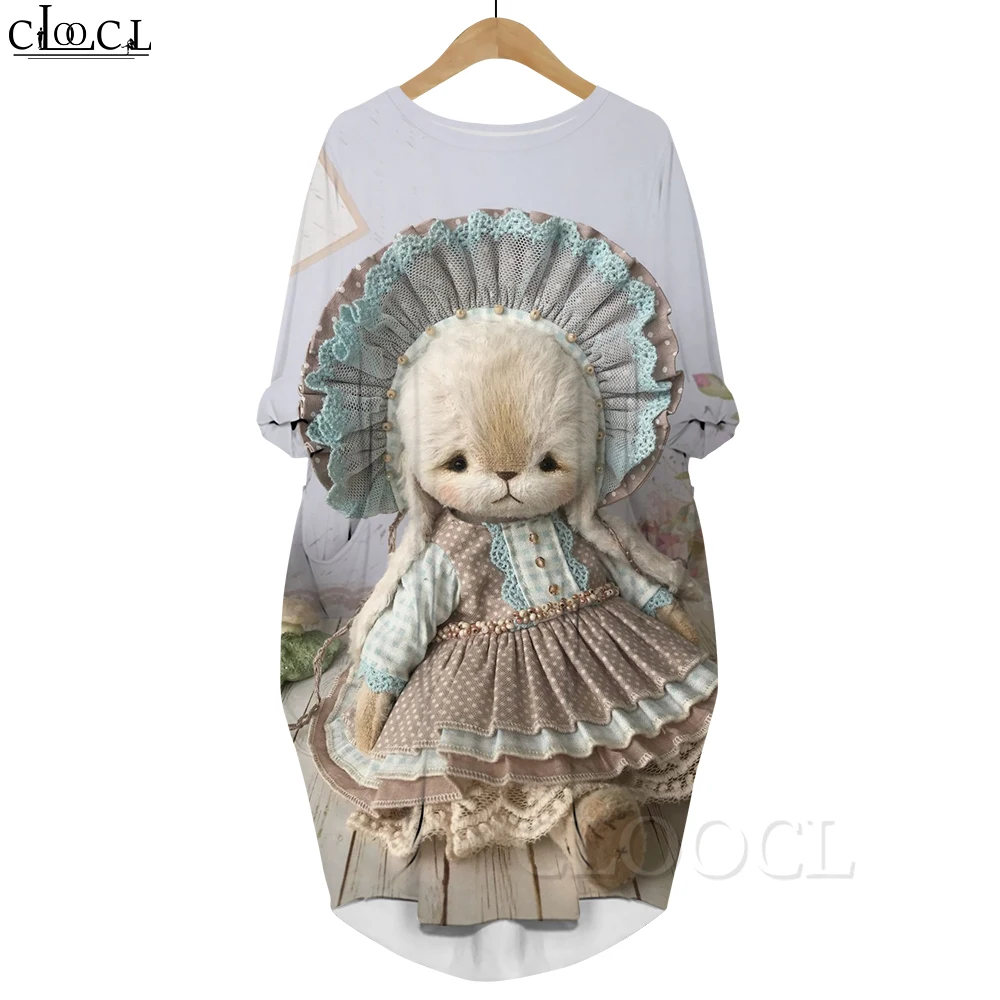 CLOOCL Cute Fashion Dress Plush Toy Rabbit 3D Printed Soft Comfortable Long Sleeve Pocket Dress Female Long Dresses Kawaii Style