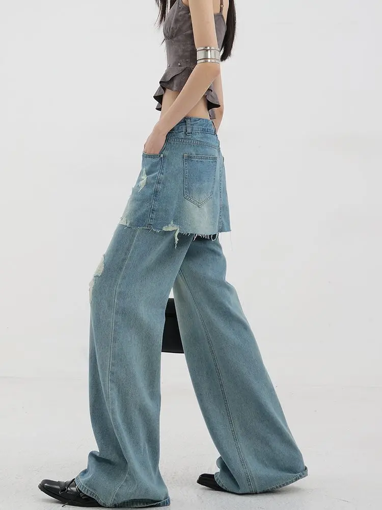 American Retro Oversized High Waist Jeans For Women Casual Baggy Y2K Wide Leg Pants Grunge Street Light Blue Denim Trouser