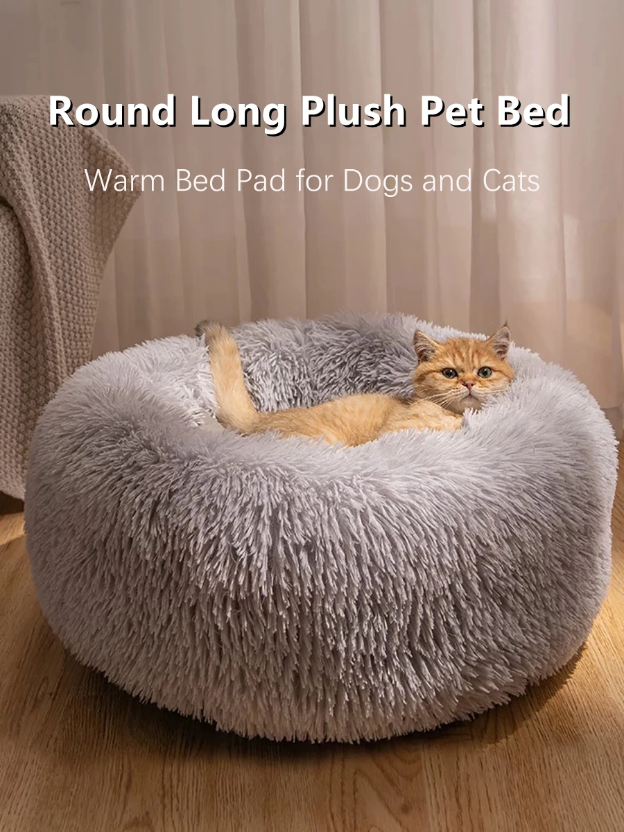 Weiches, langes Plüsch-Katzenhaus, Hundebett, beruhigendes, warmes Kunstfell-Bett, Donut-förmiges, komfortables Schlafbett, waschbar für kleine und mittelgroße Hunde und Katzen – Detail 1