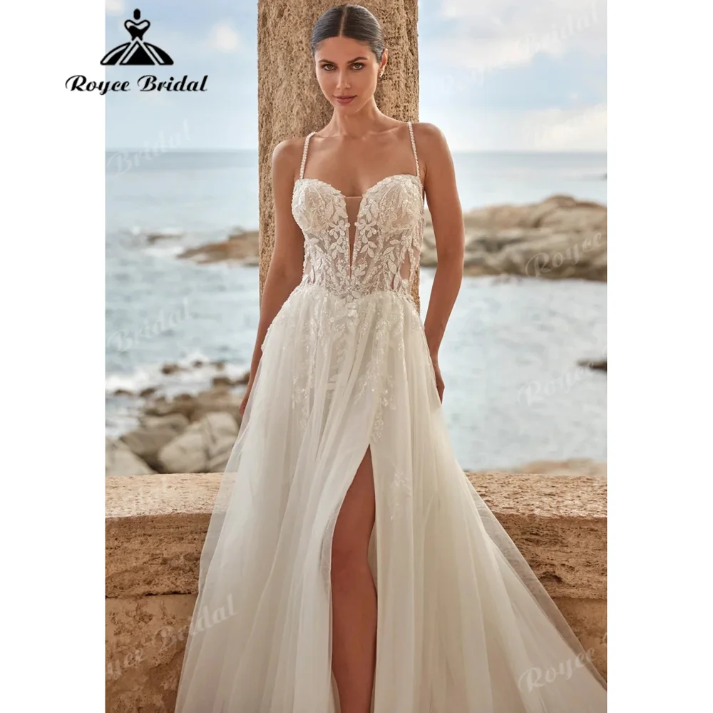 A‑Line Wedding Dress Sweetheart Neck Pearl Beaded Spaghetti Straps Sparkle Floral Lace Tulle High Slit Vestido De Novia Customiz