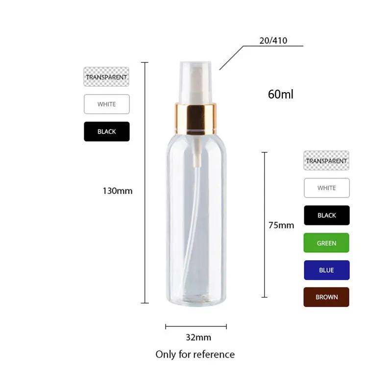 30 peças 30ml 50ml 60ml 100ml vazio configuração de maquiagem spray garrafas de plástico com colar de alumínio dourado perfume recipiente cosmético