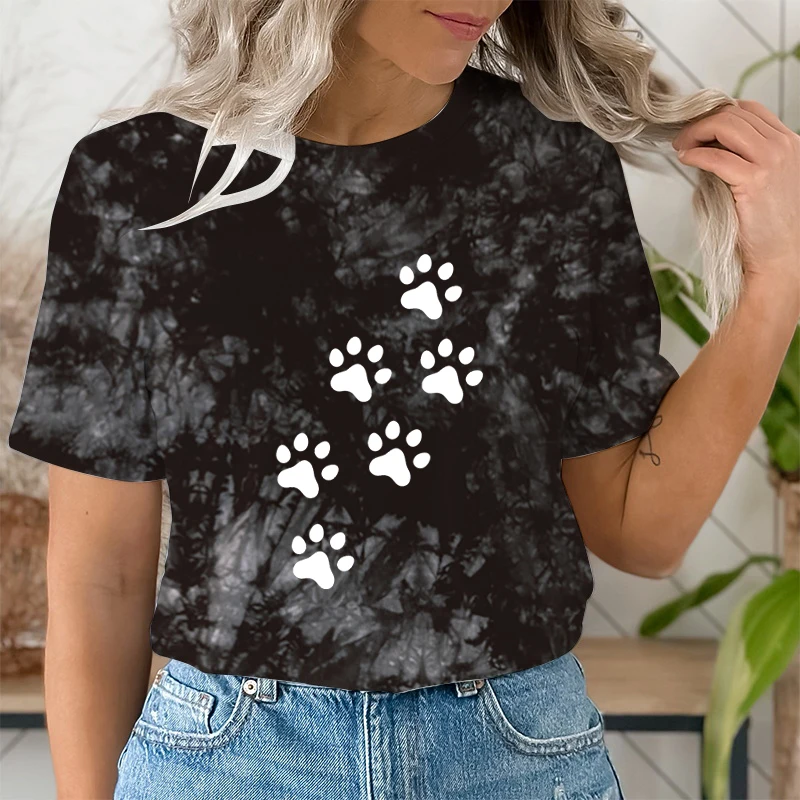 

Hot Dog Paw Print T-Shirts For Women Summer Short Sleeve Tee Shirt Round Neck Tie Dye T Shirt Casual Loose Soft Ladies Tee Shirt