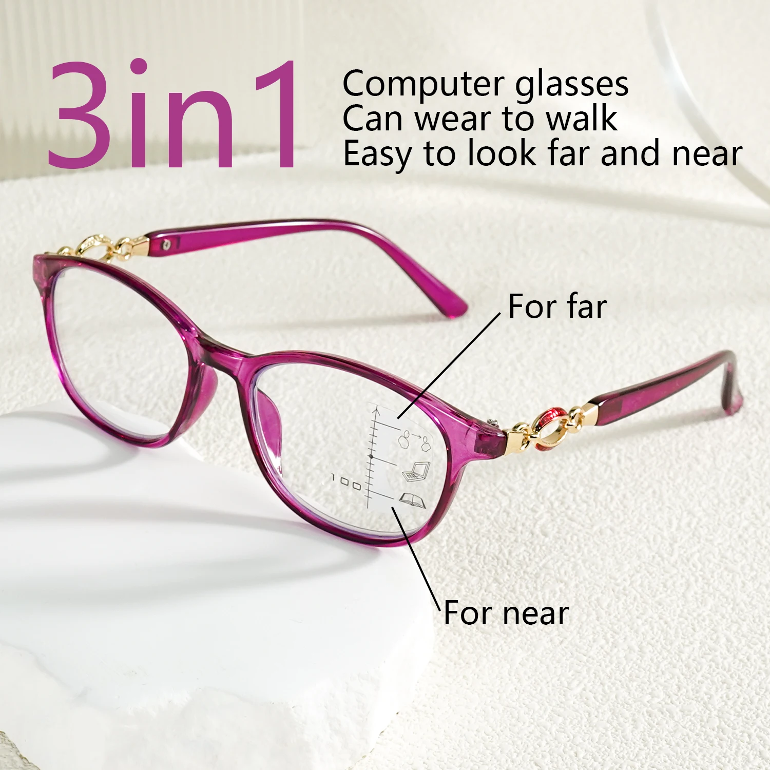 Progressive Multifocal Reading Glasses (3-in-1 Function) +1.0 to +4.0,  Ultra-Light PC Frame, Unisex Design, Vision Correction
