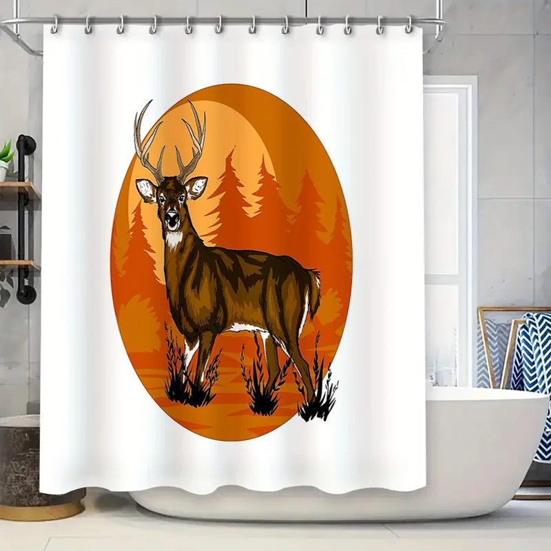 

Занавеска для душа с оленем и лесом, винтажный фон для дикой природы, деревенский декор для ванной комнаты, набор занавесок для душа в фермерском доме, лесное животное T