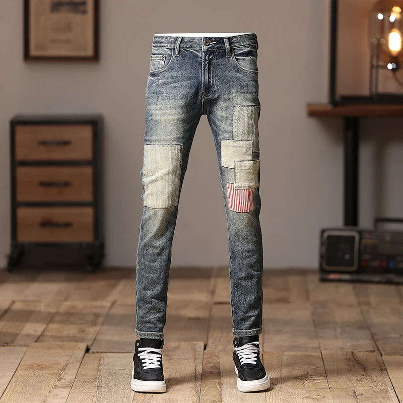 

Streetwear Fashion Men Jeans Patched Designer Retro Washed Blue Ripped Jeans Men Stretch Skinny Fit Hip Hop Denim Pants Hombre