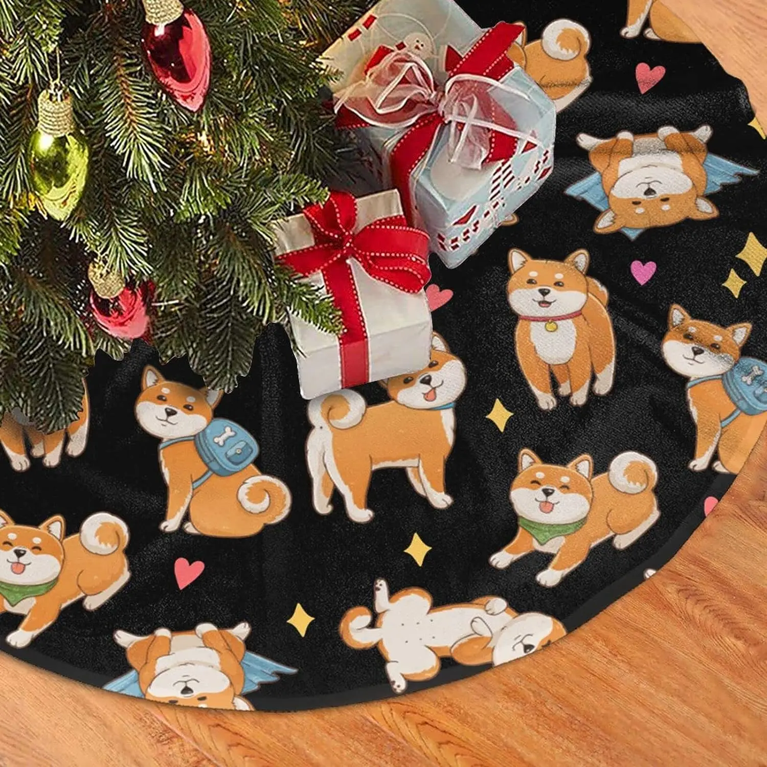 Christmas Tree Skirt,Cute-Funny-Shiba-Inu Tree Skirt with White for Christmas Tree Decorations